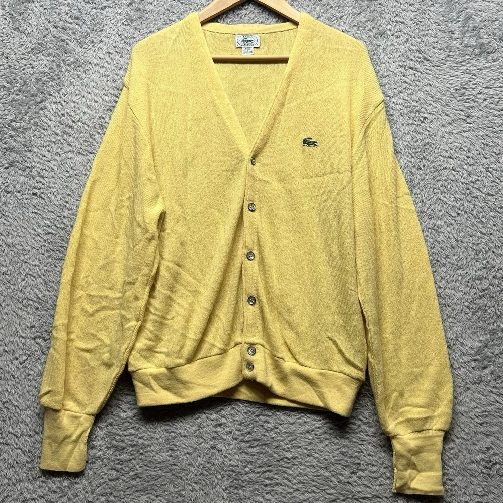 Vintage Izod Lacoste Cardigan Sweater Mens Large Yellow Grandpa Preppy USA Croc